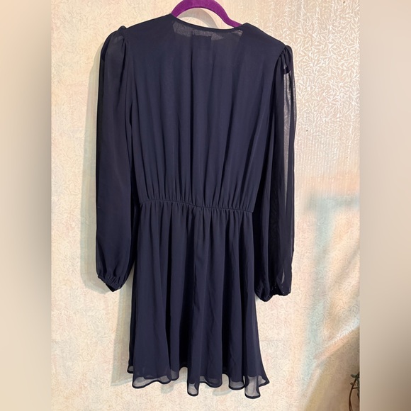 ASOS Navy Long Sheer Sleeve V-Neck Dress with Pearl-Embellished Shoulders, Flowy - Picture 6 of 8